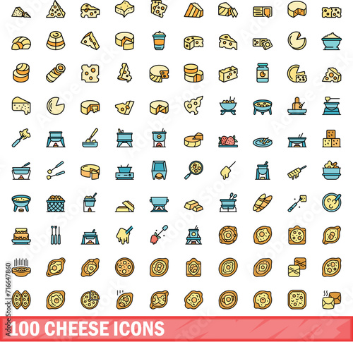 100 cheese icons set. Color line set of cheese vector icons thin line color flat on white