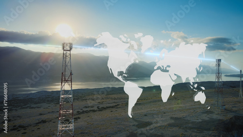 Global network wireless data connection worldwide. Telecom 5G 6G tower station with planet earth map animation