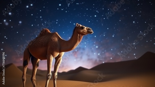 Camel at night in desert with star on Ramadan 