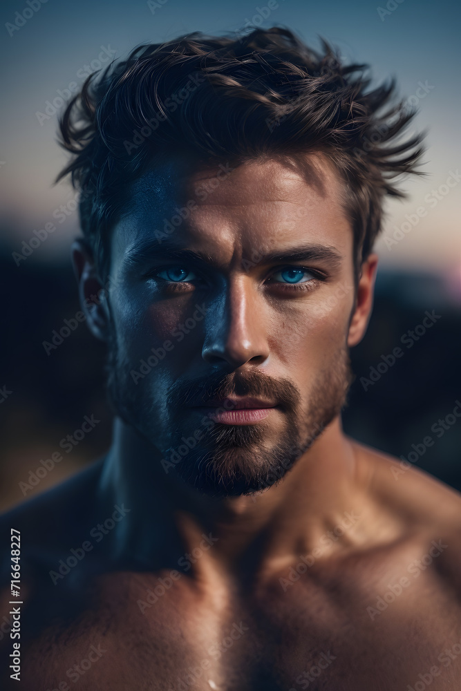 Shirtless Man With Beard and Blue Eyes. Generative AI.