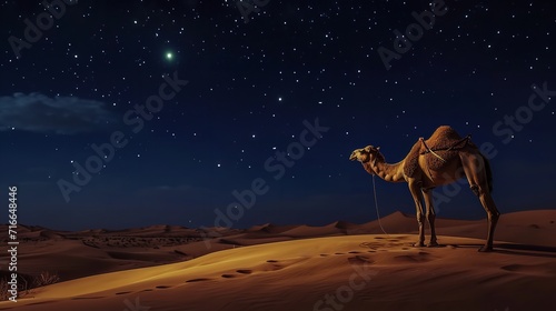 Camel at night in desert with star on Ramadan 