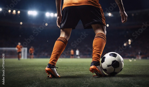 Close up of a soccer striker ready to kicks the ball in the football goal. Soccer scene at night match with player kicking the ball with power © Xabi