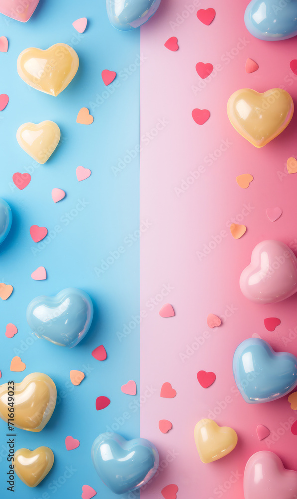 Cluster of glossy, multi-coloured hearts with glass-like reflections on dual tone background. Cluster of glossy, multi-coloured hearts with glass-like reflections on dual tone background.