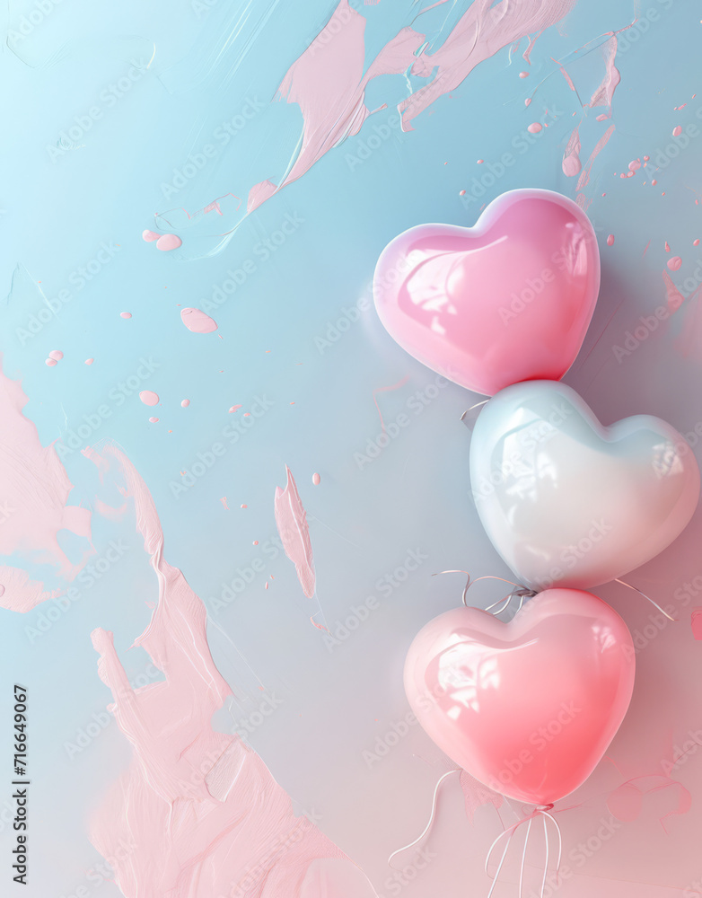 Pastel hearts with water droplets on a pink and blue gradient.