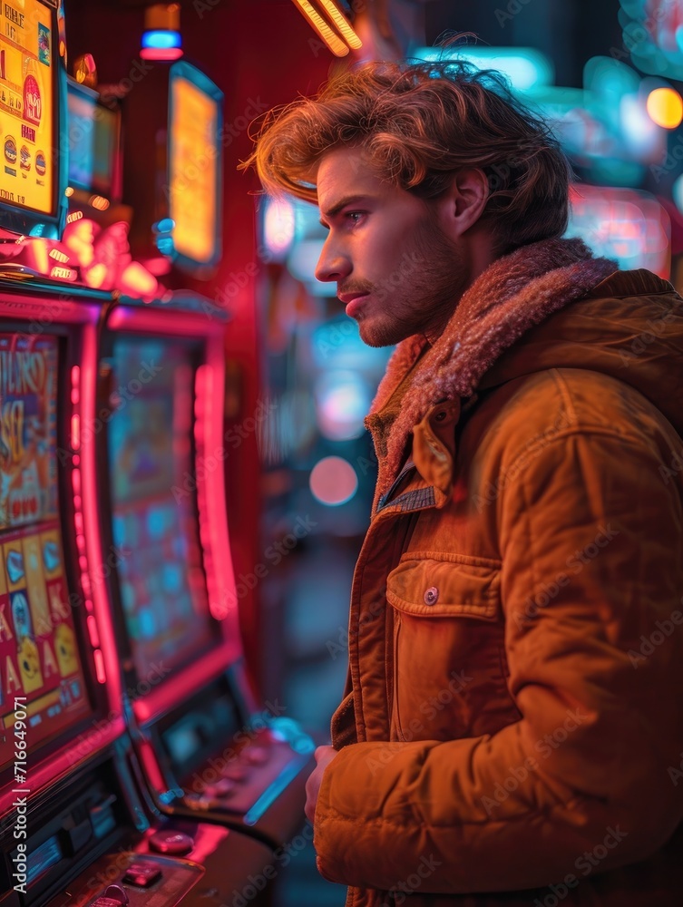 A gambler lost in the bright lights and buzzing sounds of the casino, dressed in casual clothing, eagerly playing the slot machines among the rows of arcade games A gambler lost in the bright lights and buzzing sounds of the casino, dressed in casual clothing, eagerly playing the slot machines among the rows of arcade games