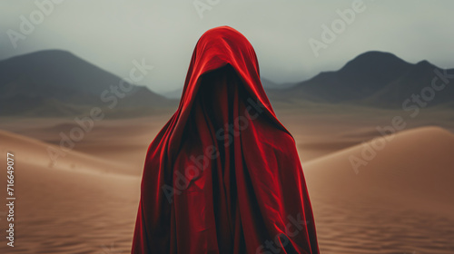 Woman in a red dress and hood posing in the desert