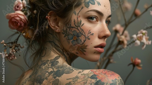 Close-up portrait of a beautiful young girl with tattoos on her shoulders and fresh flowers.