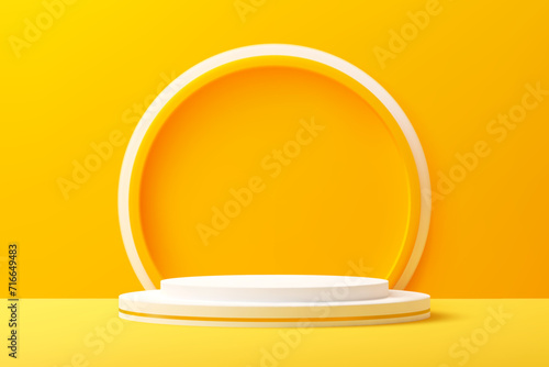 Yellow podium or stage, product display stand, platform or pedestal on vector background with wall, white arch. 3d show room, realistic podium with round geometric base, stage for product presentation