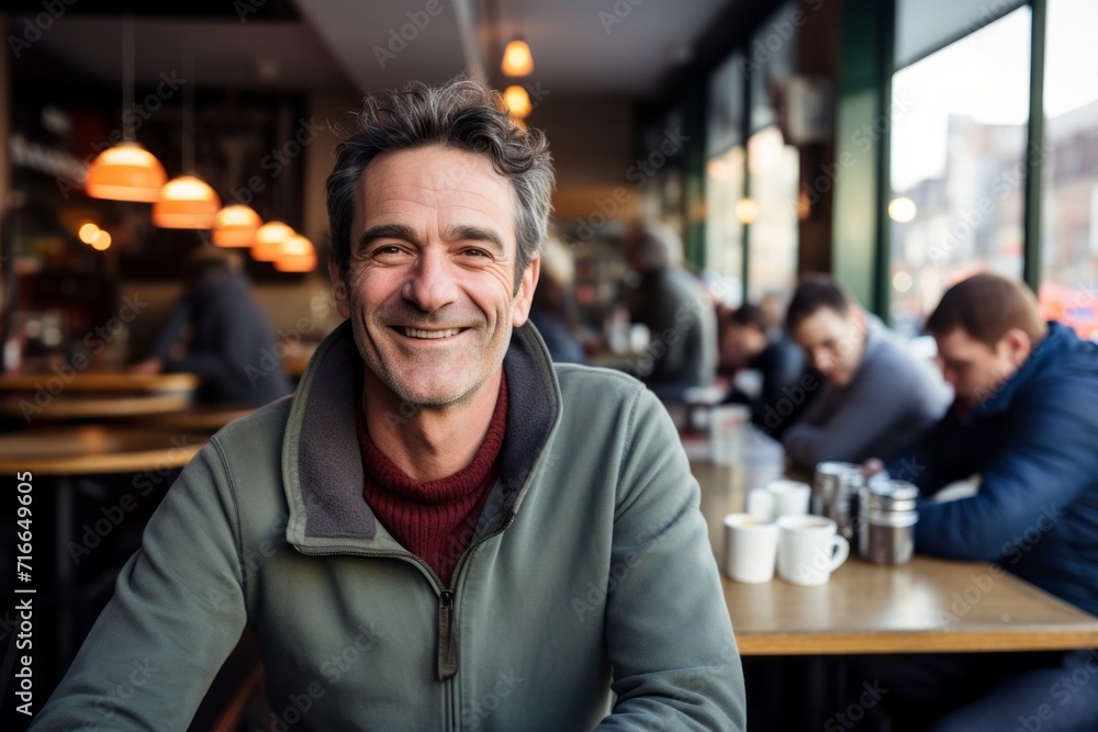 Portrait of a joyful man in his 40s sporting a long-sleeved thermal undershirt against a bustling city cafe. AI Generation Portrait of a joyful man in his 40s sporting a long-sleeved thermal undershirt against a bustling city cafe. AI Generation
