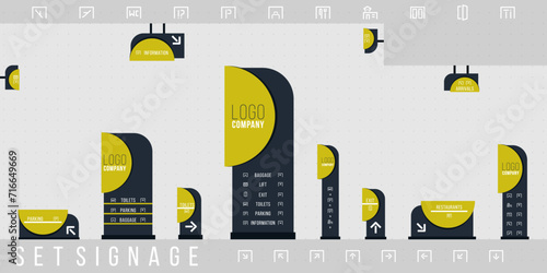 Set of signage vector.Direction,pole, wall mount and traffic signage system design template set.Exterior and interior signage concept. Office exterior monument sign, pylon sign