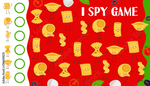 I spy game. Cartoon funny italian pasta characters kids quiz puzzle. Find and count macaroni food personages vector worksheet with kawaii ravioli, conchiglie, farfale and rigatoni, cavatappi, lumache
