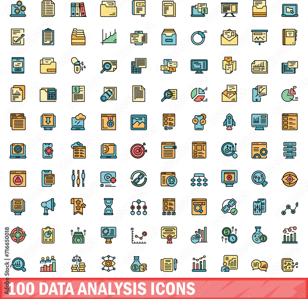 100 data analysis icons set. Color line set of data analysis vector icons thin line color flat on white 100 data analysis icons set. Color line set of data analysis vector icons thin line color flat on white