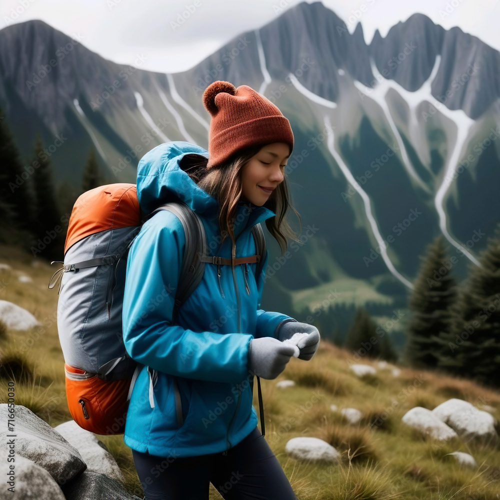 Mujer joven con mochila gorro de lana chaqueta de invierno con capucha y guantes caminando por 