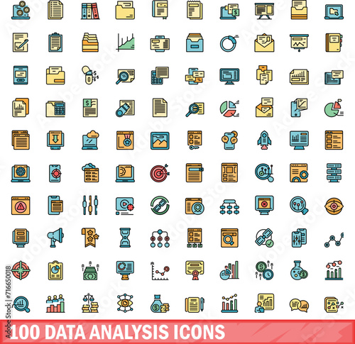 100 data analysis icons set. Color line set of data analysis vector icons thin line color flat on white