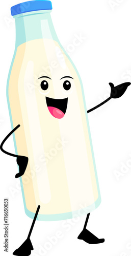 Cartoon cheerful milk bottle breakfast character. Isolated vector kefir or cream dairy product cute personage gesturing with hand. Fresh natural buttermilk in glass flask with lid, healthy farm drink