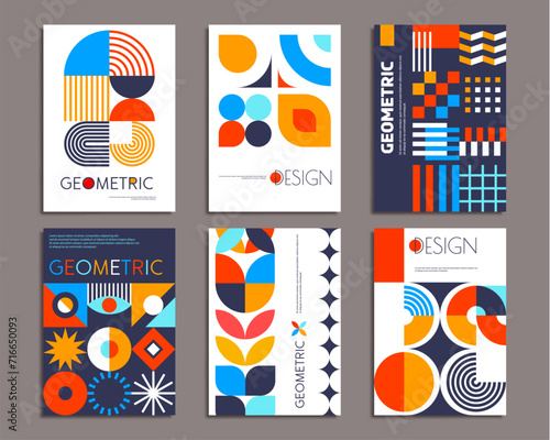 Modern abstract geometric pattern posters. Vector backgrounds, cover templates with , retro minimal geometry shapes, forms, lines in vibrant color for exhibit art, magazine, journal, album designs