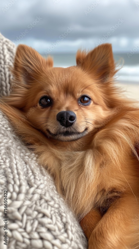 A content chihuahua basks in the warmth of the sun on a cozy outdoor blanket, his loyal nature shining against the clear blue sky A content chihuahua basks in the warmth of the sun on a cozy outdoor blanket, his loyal nature shining against the clear blue sky
