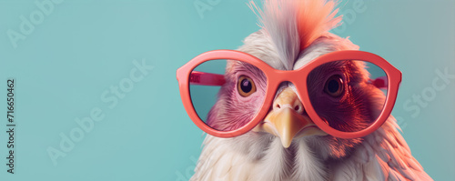 Tableau sur toile Chicken hen in funnz sunglasses on color background