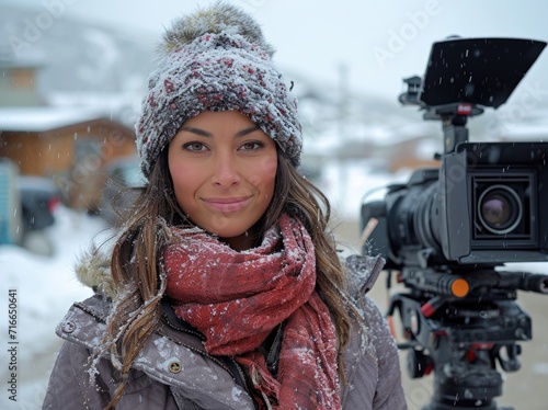 A bundled-up woman braves the winter chill, her hat and scarf dusted with snow, as she gazes confidently into the camera photo