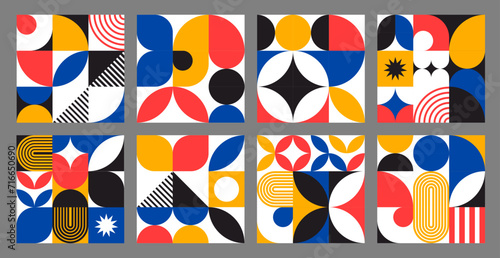 Modern blue, yellow, pink and black abstract geometric bauhaus tile pattern. Dynamic vector ornament with bold lines and vibrant colors, blending form and function for a contemporary graphic design