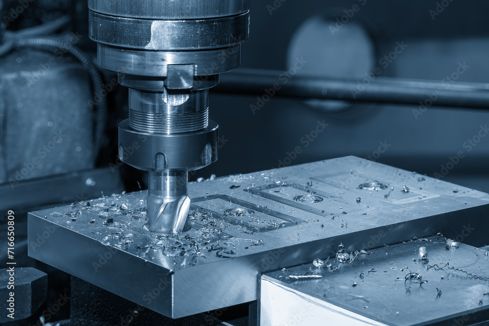 The plunge cutting process on NC milling machine with flat end mill tools. The metal working concept on the milling machine. The plunge cutting process on NC milling machine with flat end mill tools. The metal working concept on the milling machine.