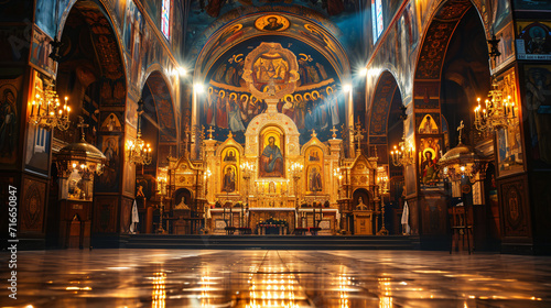 An ornate Eastern Orthodox church interior with golden icons intricate frescoes and flickering candlelight. photo