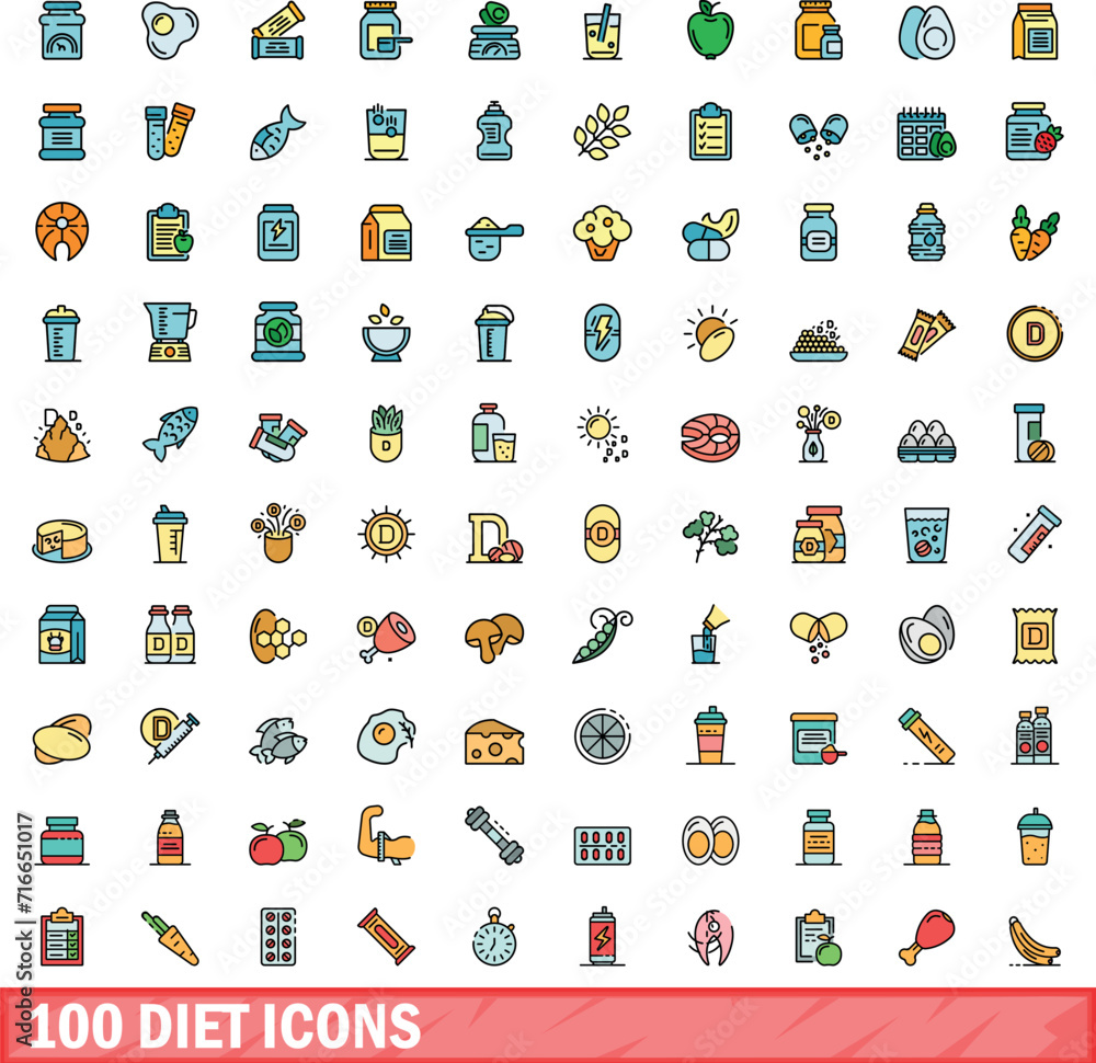 Fototapeta premium 100 diet icons set. Color line set of diet vector icons thin line color flat on white