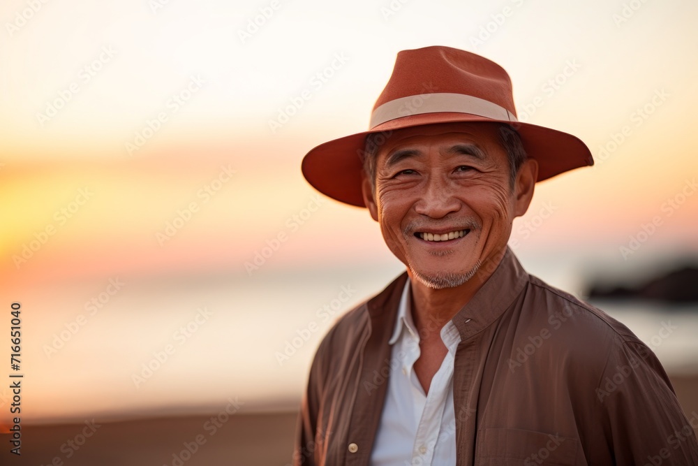 Portrait of a glad asian man in his 60s donning a classic fedora against a beautiful beach sunset. AI Generation Portrait of a glad asian man in his 60s donning a classic fedora against a beautiful beach sunset. AI Generation