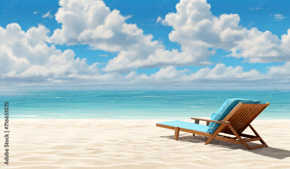 Beach chairs on the white sand beach with cloudy blue sky and sun. Background for summer vacation and travel