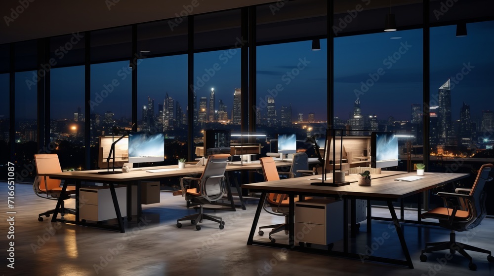 contemporary nighttime office interior with aligned workstations and modern design