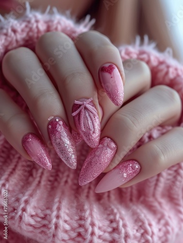 A beautifully manicured hand with glossy pink nails adorned with glitter and lilac accents is the epitome of stylish self-care and adds a touch of femininity to any indoor setting