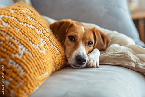 Hund liegt müde auf dem Sofa photo