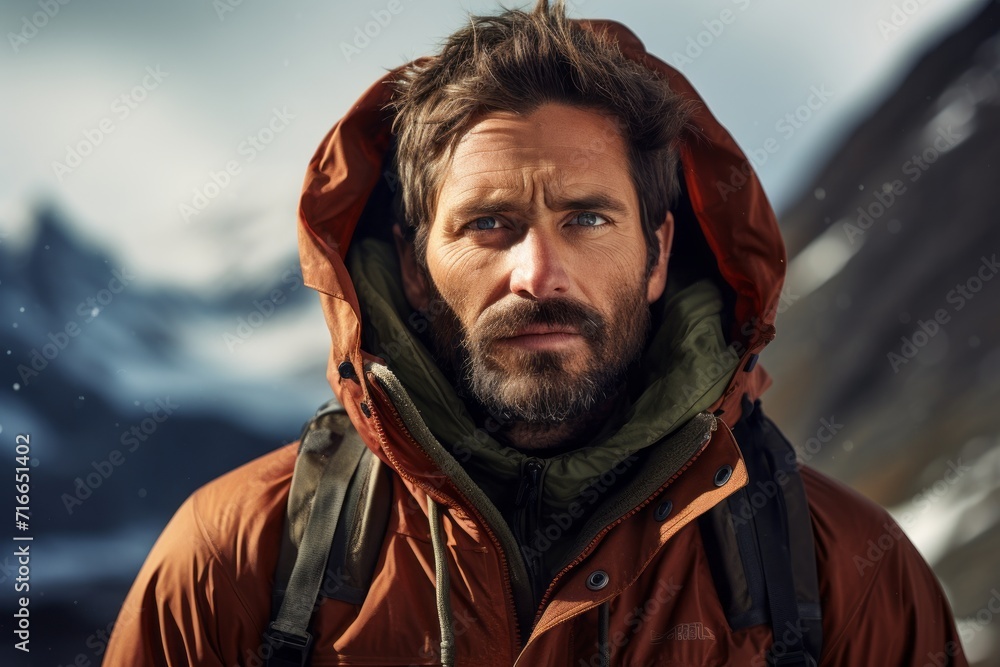 Portrait of a satisfied man in his 30s wearing a warm parka against a backdrop of mountain peaks. AI Generation Portrait of a satisfied man in his 30s wearing a warm parka against a backdrop of mountain peaks. AI Generation
