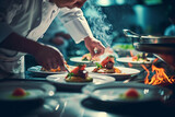 hotel chef and kitchen staff preparing exquisite dishes, emphasizing culinary expertise and the commitment to providing exceptional dining experiences in a minimalistic photo