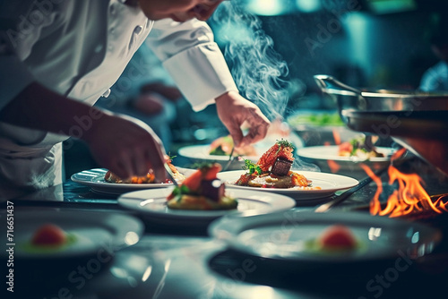 hotel chef and kitchen staff preparing exquisite dishes, emphasizing culinary expertise and the commitment to providing exceptional dining experiences in a minimalistic photo