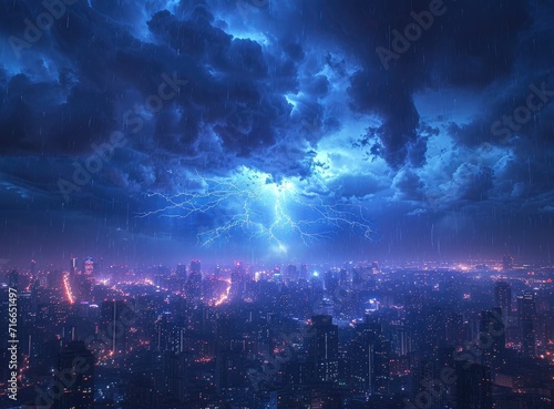 A tumultuous night sky illuminates the towering skyscrapers as lightning strikes the city  creating a fiery spectacle amidst the peaceful display of nature and celebratory bursts of fireworks