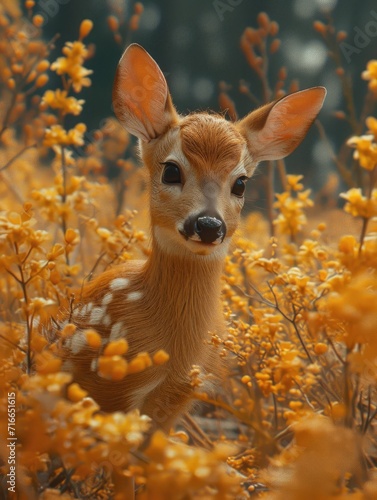 A delicate fawn stands amidst a sea of vibrant yellow flowers, embodying the beauty and wonder of nature's harmony between animals and plants