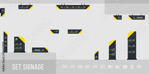 Set of signage vector.Direction,pole, wall mount and traffic signage system design template set.Exterior and interior signage concept. Office exterior monument sign, pylon sign