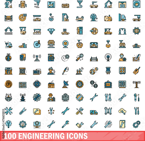 100 engineering icons set. Color line set of engineering vector icons thin line color flat on white
