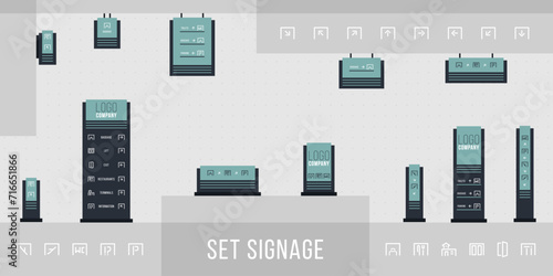 Set of signage vector.Direction,pole, wall mount and traffic signage system design template set.Exterior and interior signage concept. Office exterior monument sign, pylon sign