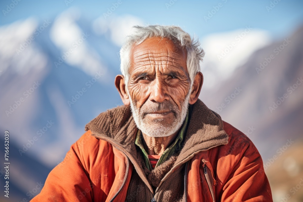 Portrait of a content indian man in his 80s sporting a comfortable hoodie against a backdrop of mountain peaks. AI Generation Portrait of a content indian man in his 80s sporting a comfortable hoodie against a backdrop of mountain peaks. AI Generation