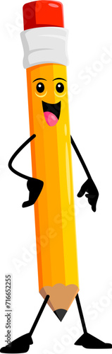 Cartoon cheerful funny pencil school stationery character with a bright smile, and playful face expression. Isolated vector drawing tool, always ready to create art and spread joy with every stroke