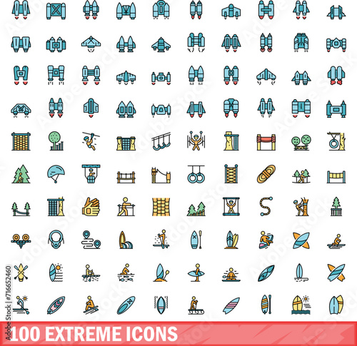 100 extreme icons set. Color line set of extreme vector icons thin line color flat on white