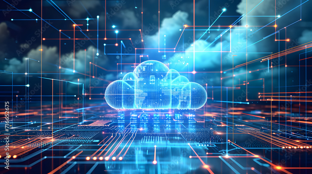 Fototapeta premium Cloud computing concept background. Digital data processing in the virtual cloud abstract background. Glowing digital cloud with pixels, lines, connectivity, and data flow in the virtual world.