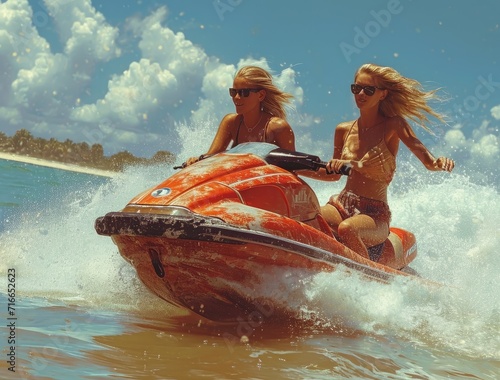Two adventurous women race through the sparkling waves on a jet ski, feeling the warm summer breeze and gazing up at the endless sky above