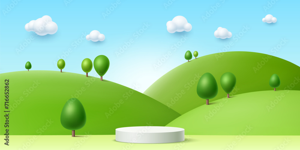 3d summer kid podium with green grass and trees. Vector rendering background in cute childish style with round stage or pedestal at bright summertime landscape, hills and meadow under blue cloudy sky - obrazy, fototapety, plakaty 