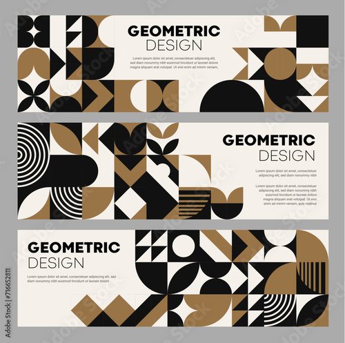 Modern golden, black and white abstract geometric banners with bauhaus pattern. Vector horizontal cards, visually striking, contemporary and sophisticated design merging bold colors and clean lines