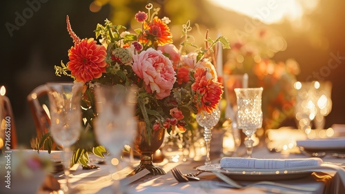 A photo of a beautifully decorated summer party table with bright flowers and elegant tableware, in the golden hour light, in a high-resolution,  photo