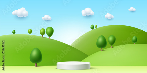 3d summer kid podium with green grass and trees. Vector rendering background in cute childish style with round stage or pedestal at bright summertime landscape  hills and meadow under blue cloudy sky