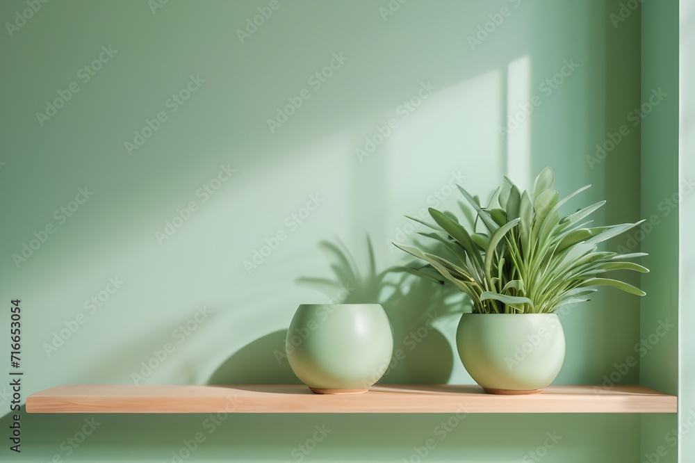 Minimal cozy mockup design for product presentation with plant in tub against green wall Minimal cozy mockup design for product presentation with plant in tub against green wall